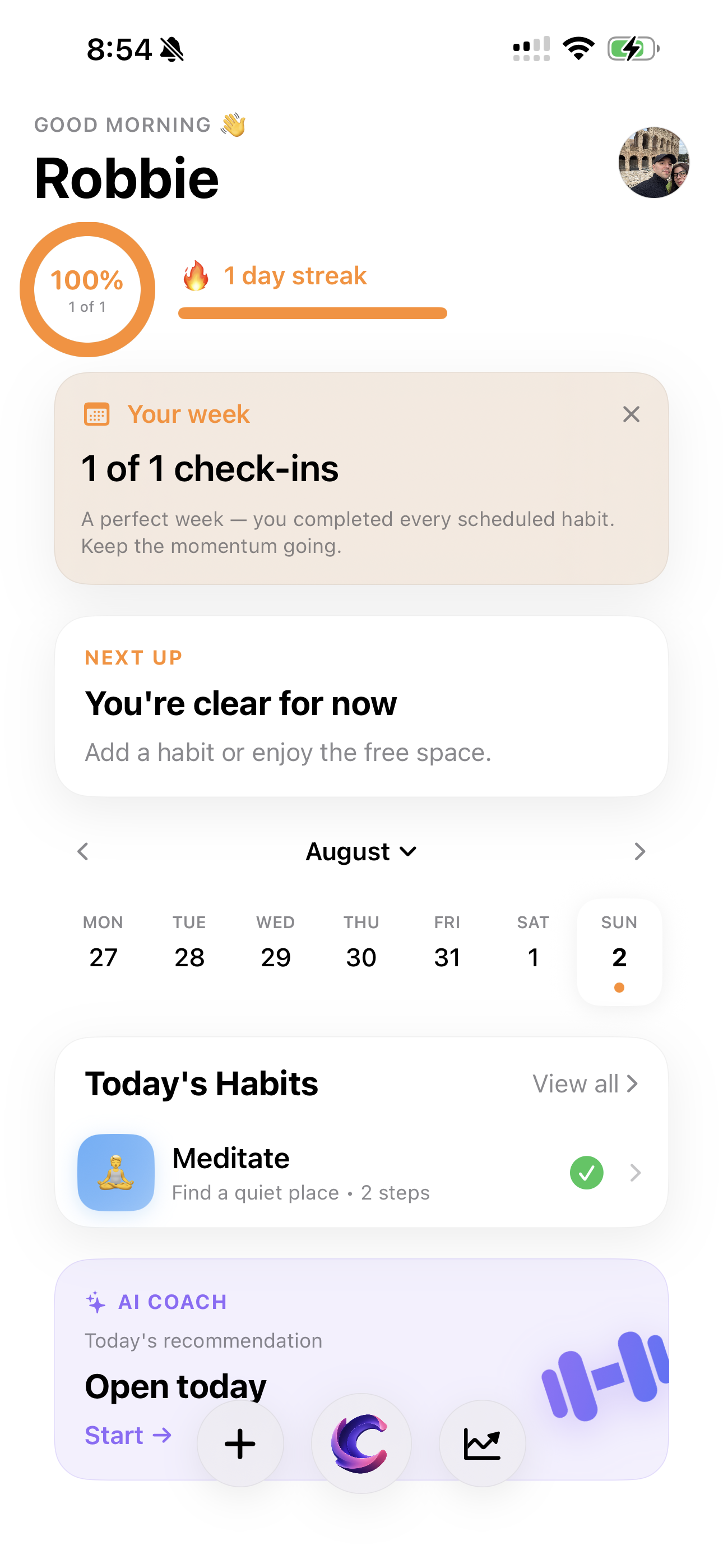 Conscio home at 100 percent in light mode
