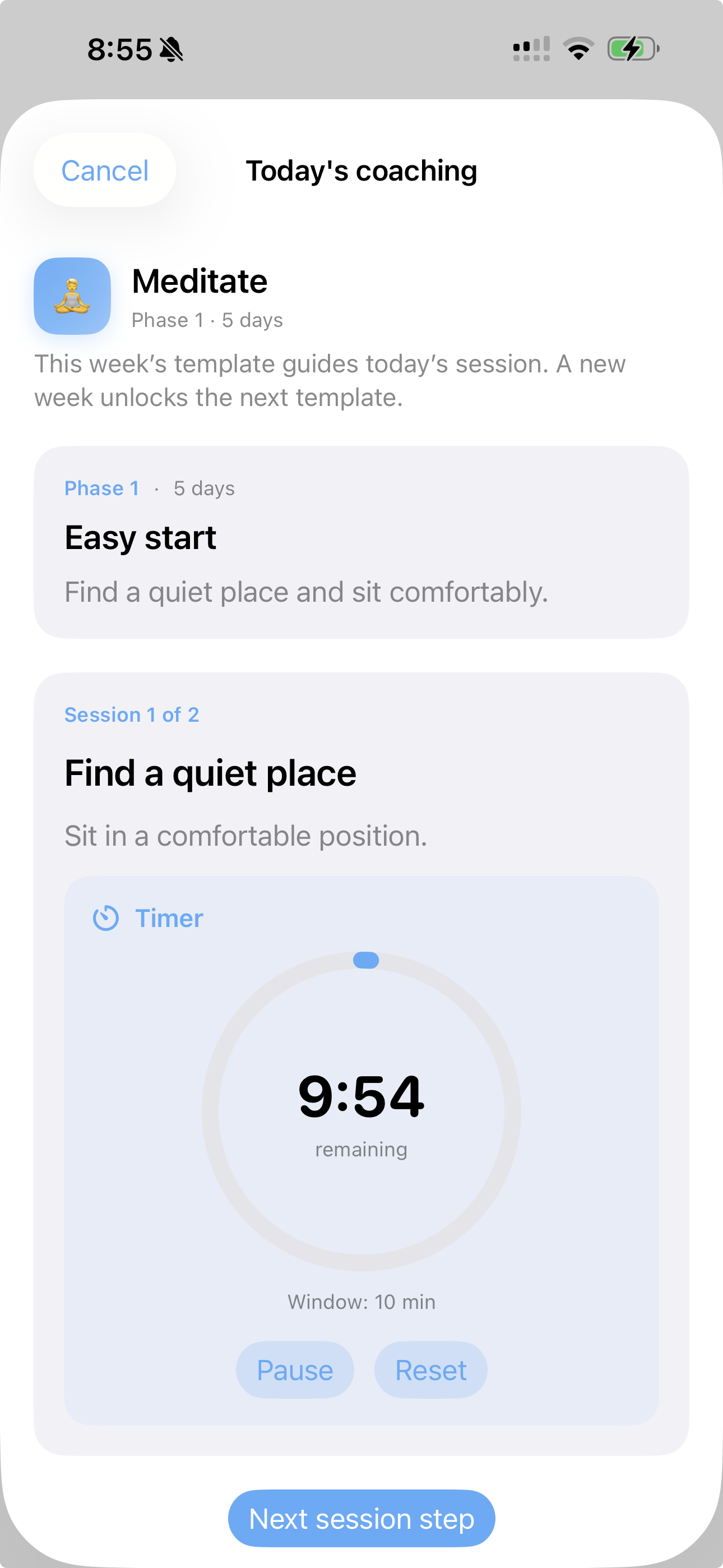 Conscio meditation coaching session in light mode