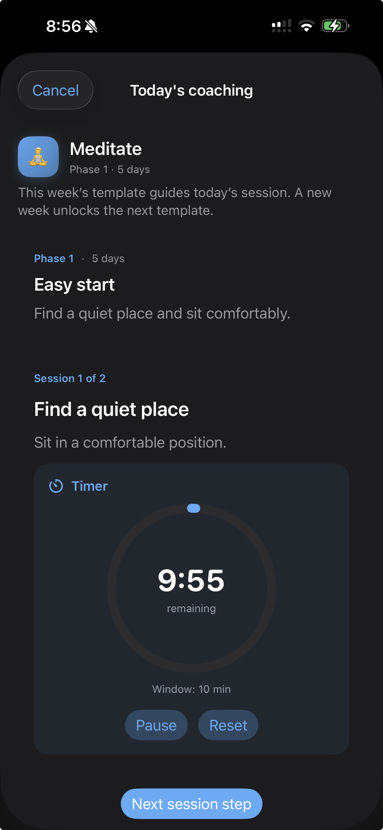 Conscio meditation coaching session in dark mode